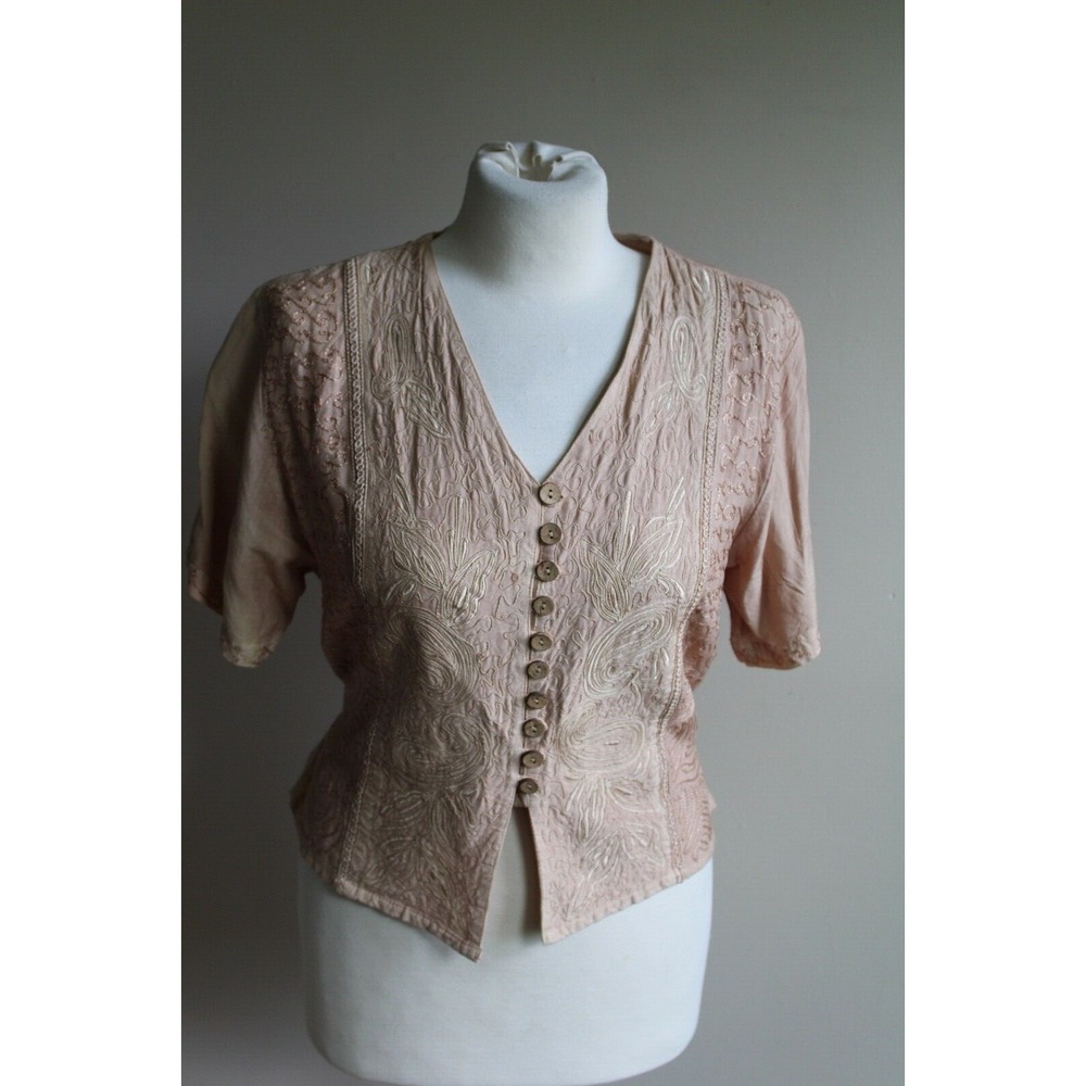 Encounter Free Size S/M? Brown Short Sleeve Button Boho Festival Top Embroider